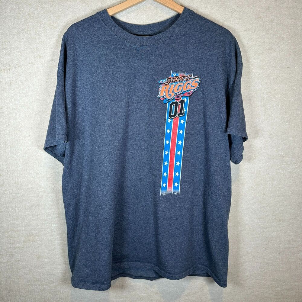 Vintage Dusty Riggs 01 Racing T Shirt Men XL Blue Graphic Car Double Sided